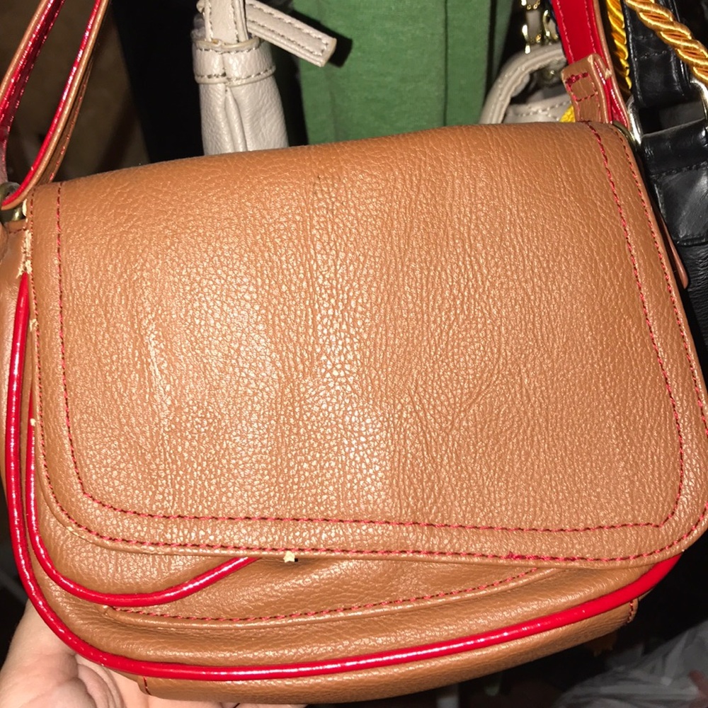 Dark brown and red crossbody bag